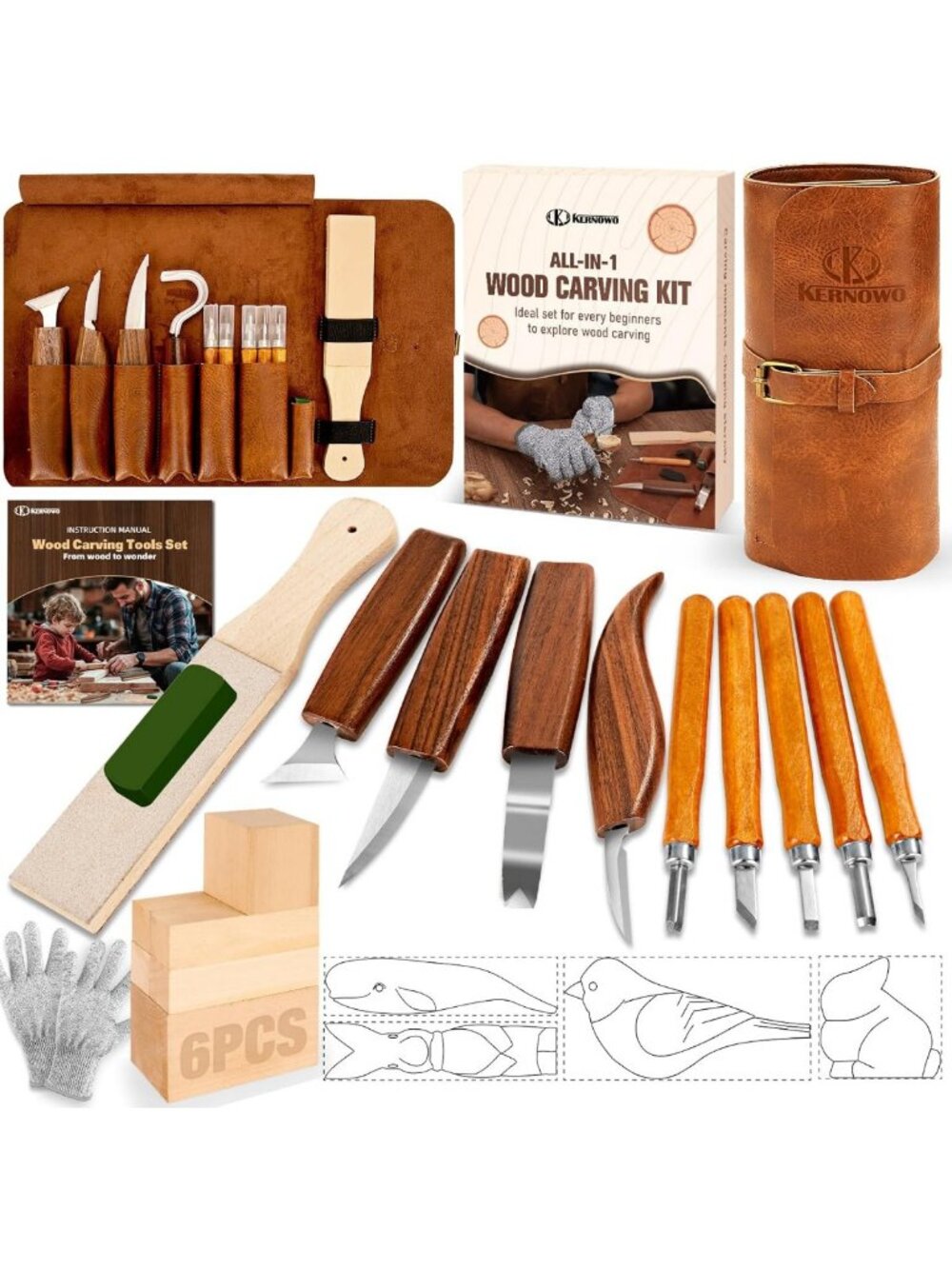 24-Piece Wood Carving Tool Set with Storage Bag, Whittling Knives & Templates